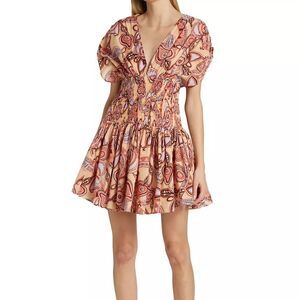 NWOT A.L.C. Luna Smocked Printed Mini Dress Smocked Waist Deep V-Neck Size 6